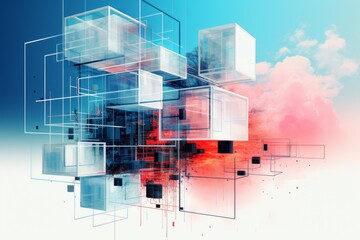 Fototapeta premium Transparent glass cubes interconnected, creating a futuristic architectural concept against a vibrant sky backdrop