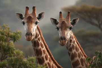 Obraz premium Two giraffe standing close together in soft natural light with blurred background and green foliage, showing their long necks and patterned fur in calm wildlife scene