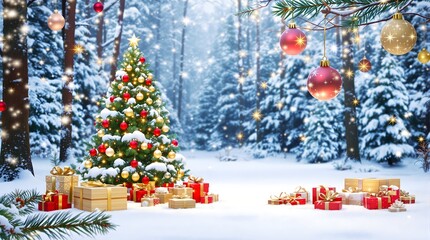 Beautiful christmas background with decor. Selective focus. Winter mountain scene. Christmas fir tree covered with hoarfrost and snow. Holiday. 