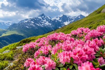 A vibrant landscape of pink flowers blooming on a hillside, with snow-capped mountains in the distance under a cloudy sky.