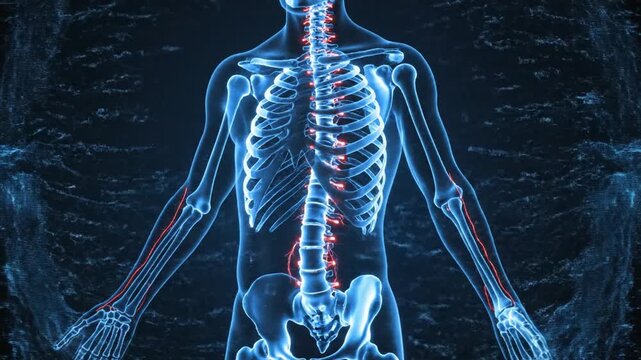 Glowing X-Ray of Human Skeletal System with Red Nerve Points on Dark Blue Background Rendered as an Animated Sequence