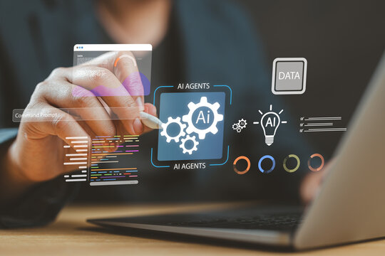 AI agents executing data automation and command prompts on a laptop screen, representing artificial intelligence, machine learning, coding, and futuristic digital technology. - Powered by Adobe