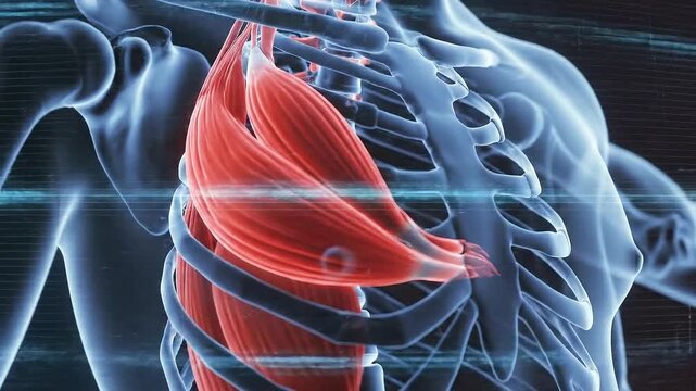 Highlighted Red Chest Muscles Anatomical Medical Animation over Transparent Skeletal Structure and Technological