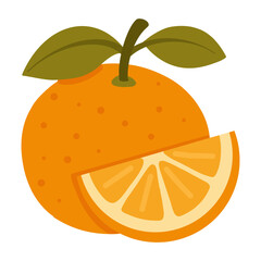 Orange with slice and green leaves. Fresh citrus. For menus, recipe cards, juice labels, food blogs, stickers.