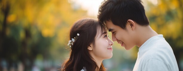 Young couple sharing an intimate moment in a park during autumn