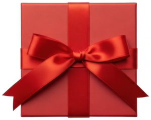 Elegant red gift box with matching satin ribbon and bow isolated on checkerboard background for design concepts