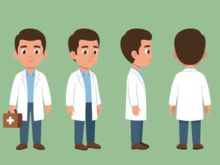 Fototapeta premium Cartoon Doctor Character Set Front Side Back View.