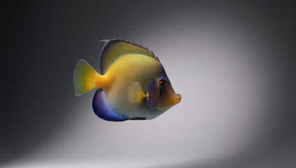 Regal Angelfish swimming gracefully in a dark aquarium setting.