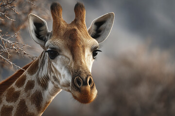 Obraz premium Giraffe close up portrait with detailed fur and expressive eyes in natural wildlife habitat, showcasing animal unique features and gentle expression in soft lighting