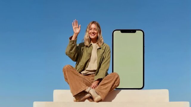 Cheerful woman sits on sunny steps in front of blank smartphone mockup waving at camera and promoting friendly mobile communication lifestyle