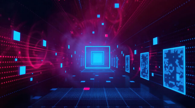 Futuristic cyber data tunnel with neon blue and magenta lights - Powered by Adobe