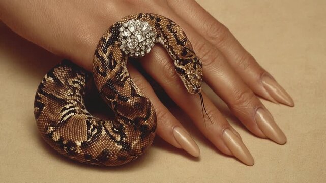 Decorated snake with sparkling jewelry coils around elegant hand merging wild reptile mystery with glamorous fashion concept