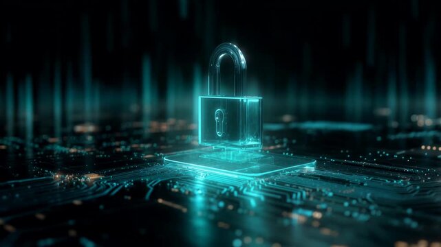 Glowing digital padlock hovers over circuit board symbolizing cyber security data protection and safe online technology systems