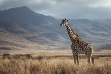 Obraz premium Giraffe standing alone in open savanna with tall dry grass and mountain range under cloudy sky, peaceful wildlife scene in natural habitat