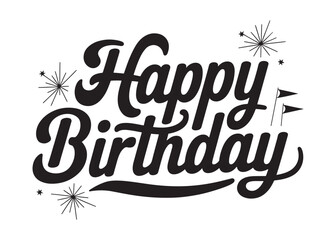 Retro happy birthday script lettering with party flags and starburst decorations