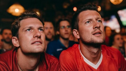 Group of passionate football fans in bar stare at screen with tense expressions capturing competition excitement and shared sports emotion
