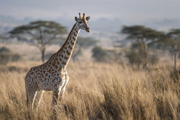 Fototapeta premium Giraffe standing alone in open savanna with tall dry grass and acacia trees in background during daylight, showcasing natural wildlife beauty and calm atmosphere
