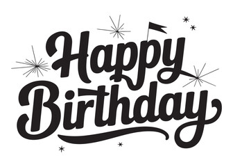 Happy birthday lettering with retro explosion and flag decorations