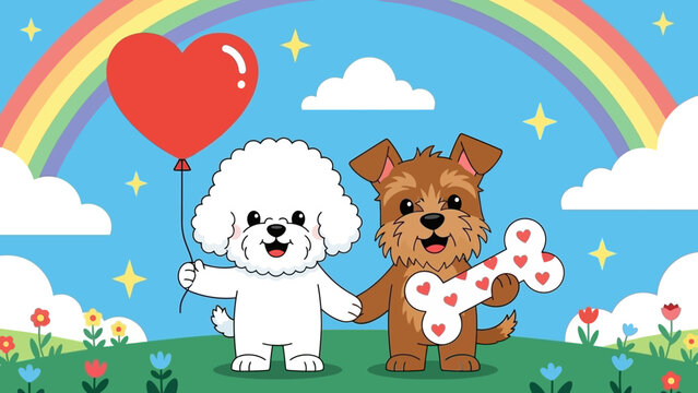 Friendly dogs in a colorful landscape with rainbow and heart balloon