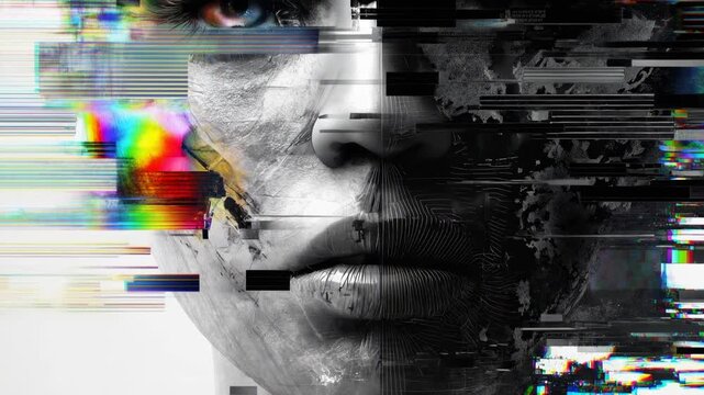Glitched monochrome portrait with colorful distortion bars illustrates digital identity fragility data corruption and abstract mental state