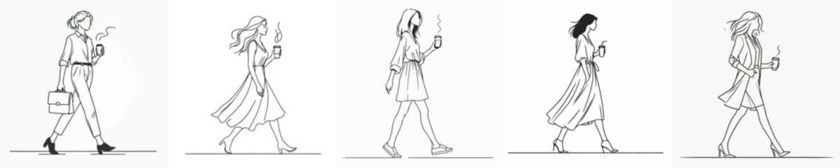 Fototapeta premium vector of a woman walking leisurely enjoying coffee