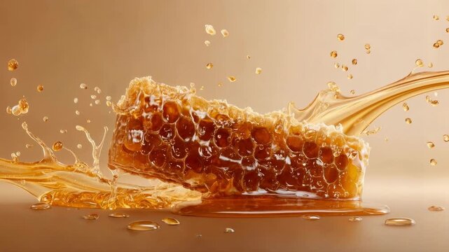 Golden honeycomb rests in pool of flowing honey on warm background capturing natural sweetness organic food and rich dessert ingredient