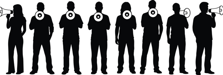 Silhouette group of diverse people holding megaphones and targets symbolizing communication, marketing, leadership, teamwork, influence, and public announcement concepts