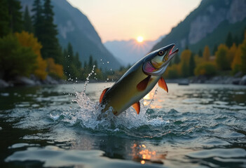 Close-up of big trout fish jumping from water with bursts in high mountain clean lake or river, at sunset or dawn, picturesque mountain summer landscape. Copy space.