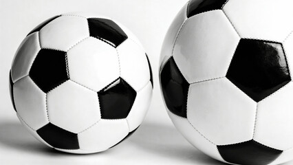 Two classic black and white soccer balls positioned side by side on a neutral background