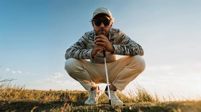 Focused golfer crouches on fairway studying line of putt in golden light illustrating concentration sports strategy and calm outdoor competition