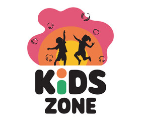 Children playing silhouette logo with colorful sun and bubbles background