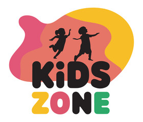 Kids zone text emblem with jumping children silhouettes on colorful shapes