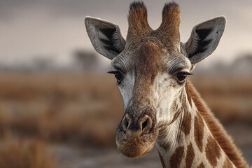 Fototapeta premium Giraffe close up portrait in natural habitat with soft background, showing detailed fur texture and calm expression in warm light