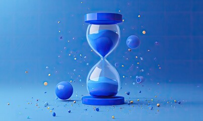 Digital hourglass, rendered with blue tones, surrounded by spheres and confetti