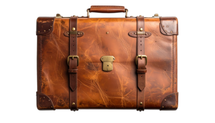 A worn, aged leather briefcase with straps, buckles, and a handle, isolated