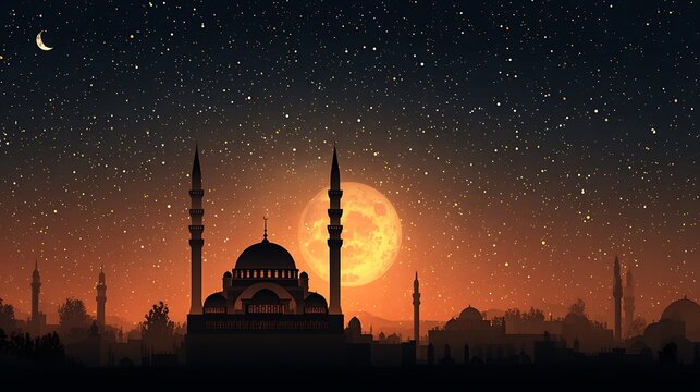 Silhouette of a mosque with minarets under a starry night sky and full moon