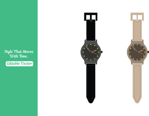 Two smart watches with leather straps in black and beige colors on white background
