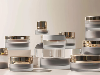 Vials and jars for skin care with golden metal caps on grey background. Advertising luxury cosmetic products. Minimalism style. Copy space.