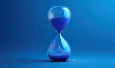 A close-up shot of a transparent glass hourglass filled with blue sand, against a blue background