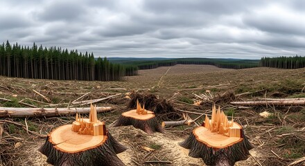 Deforested Landscape with Tree Stumps Under a Cloudy Sky
