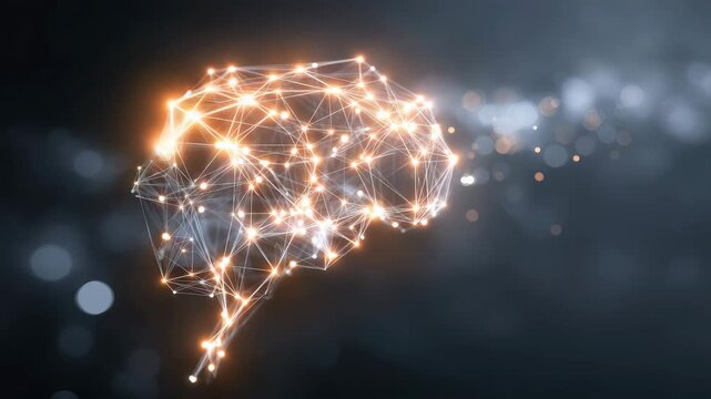 Blue human brain emitting orange energy and particles on a dark reflective surface