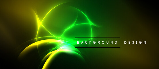 Abstract vibrant design. Green, yellow glows blend into dark background. Dynamic curves create energy, modern aesthetic.