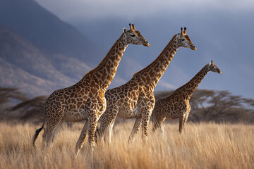 Obraz premium Three giraffes standing in tall dry grass with misty mountain background, showcasing beauty of African wildlife in serene natural habitat