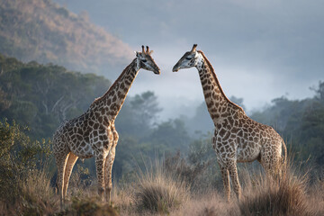 Obraz premium Two giraffes standing in tall grass with misty forest and mountain background, showcasing natural wildlife beauty in serene early morning atmosphere