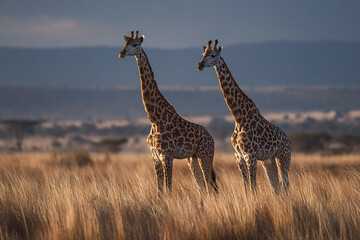 Obraz premium Two giraffes stand gracefully in golden grass of African savannah during sunset, with serene and expansive landscape stretching into distant hills
