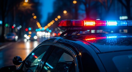 Flashing Police Lights on a Wet City Street