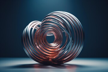 Intricate metallic spiral creating an abstract form with a reddish glow, illuminated against a dark blue backdrop