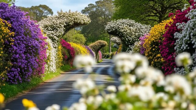 Roadway of Flowers: A serene road lined with a profusion of colorful blooms, creating a