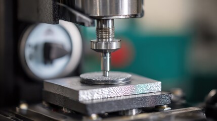 Closeup of a hardness tester applying pressure to a metal sample evaluating surface resistance in an industrial laboratory setting.