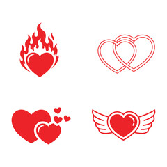 Set of four red heart icons flaming, intertwined, grouped, and winged
